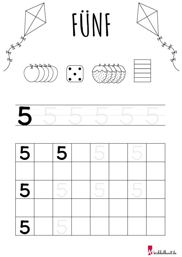 Zahl 5 Schreiben Lernen » Als PDF | kribbelbunte Ausmalbilder