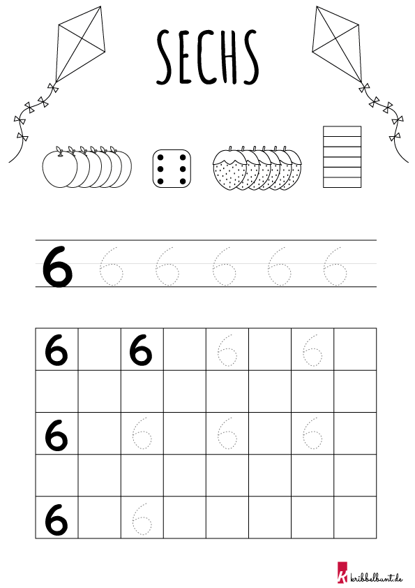 Zahl 6 Schreiben Lernen » Als PDF | kribbelbunte Ausmalbilder